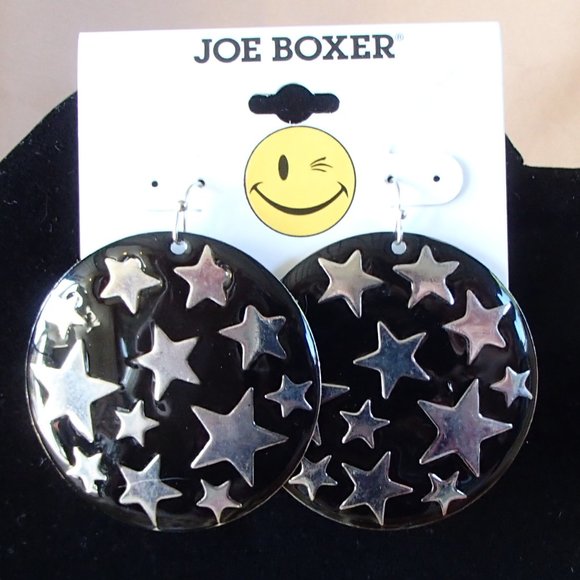 Joe Boxer Celestial Stars New Round Large Disc Earrings Black Silver NWT - Picture 2 of 8